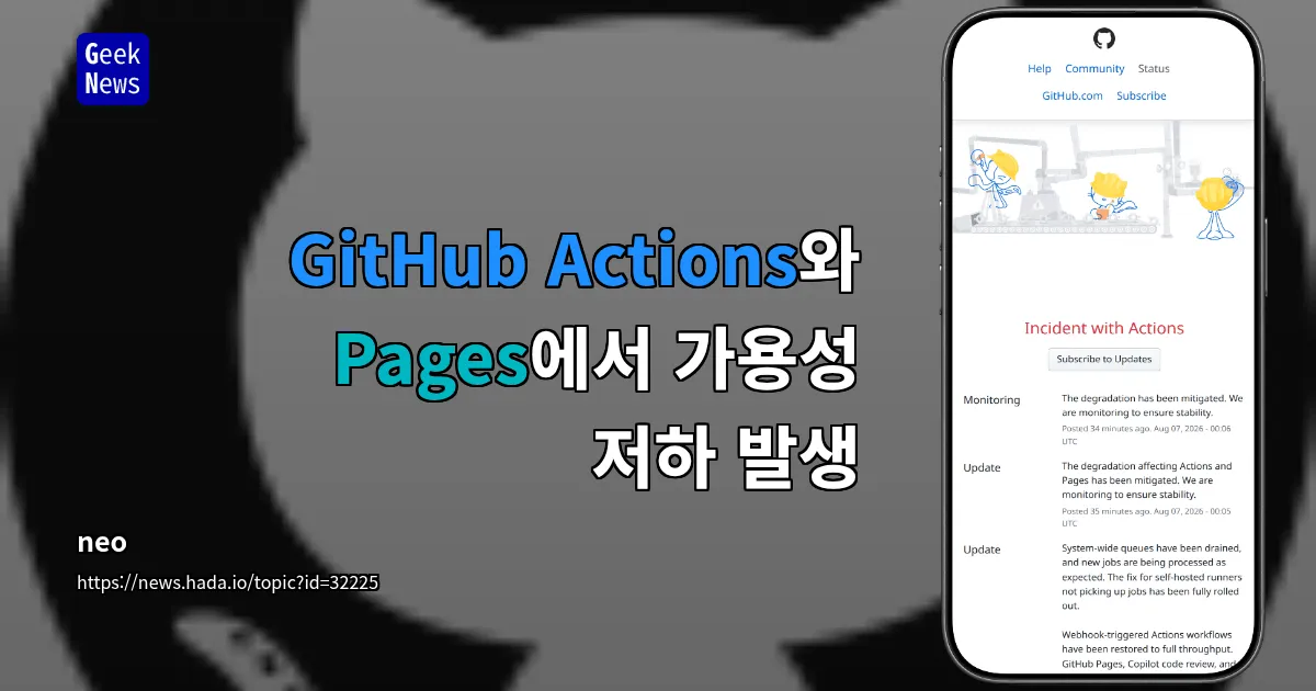 GitHub Actions와 Pages에서 가용성 저하 발생 — 긱뉴스